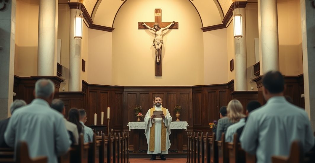 Religijna scena w katolickiej świątyni z kapłanem w vestmentach, oddającym cześć Krzyżowi, symbolizująca autentyczną katolicką pobożność