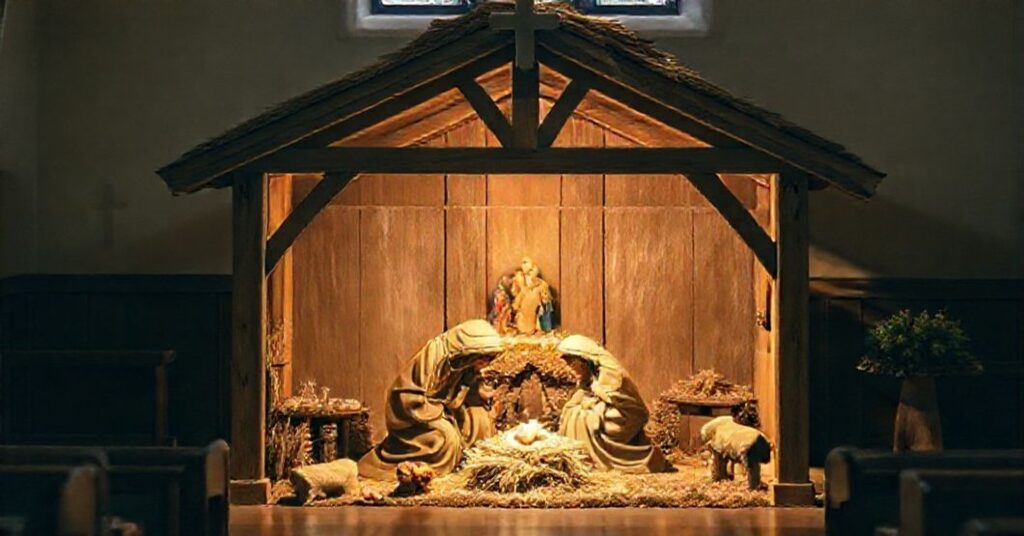 Tradycyjna Katolicka Scena Narodzenia w Kościele z prostym drewnianym stajenką i Świętą Rodziną