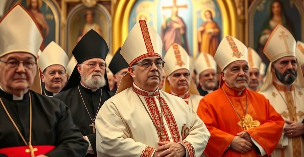 Fotografia realistyczna katolickich duchownych na konferencji w Gnieźnie, wyrażających powagę i sprzeciw wobec ekumenizmu i modernistycznych tendencji w Kościele