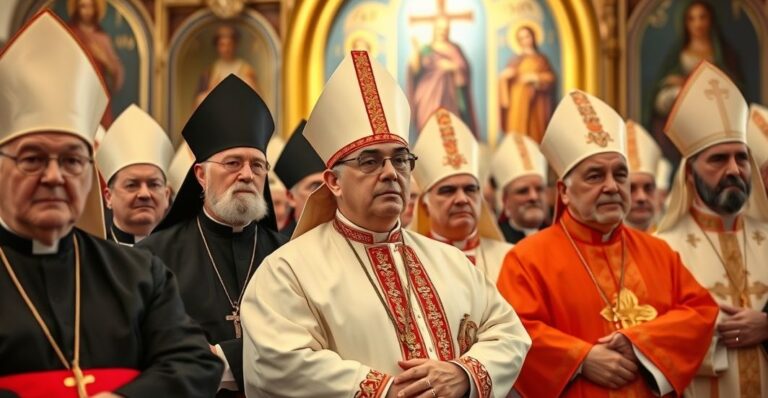 Fotografia realistyczna katolickich duchownych na konferencji w Gnieźnie, wyrażających powagę i sprzeciw wobec ekumenizmu i modernistycznych tendencji w Kościele