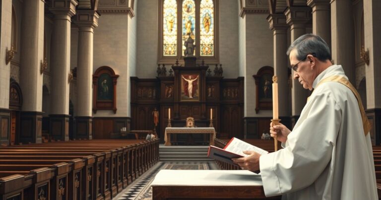 Zdjęcie tradycyjnej katolickiej świątyni z kapłanem odczytującym Pismo Święte podczas liturgii, ukazujące pobożność i wierność naukom Kościoła