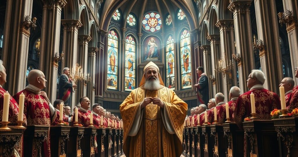Sanktuarium katolickie z kapłanem głoszącym, podkreślający władzę Chrystusa Króla w duchu katolickim i tradycyjnym