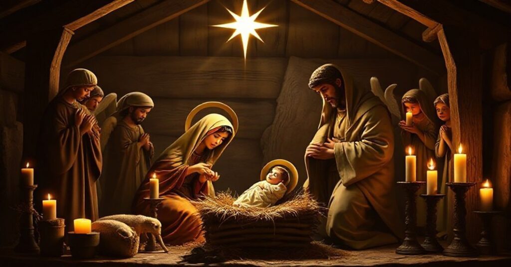 Tradycyjna scenka Bożego Narodzenia w katolickim stylu, przedstawiająca Maryję, Józefa i niemowlęcego Jezusa w stajence. Scena podkreśla boskie godność Chrystusa i rolę Maryi jako Nowej Ewy.