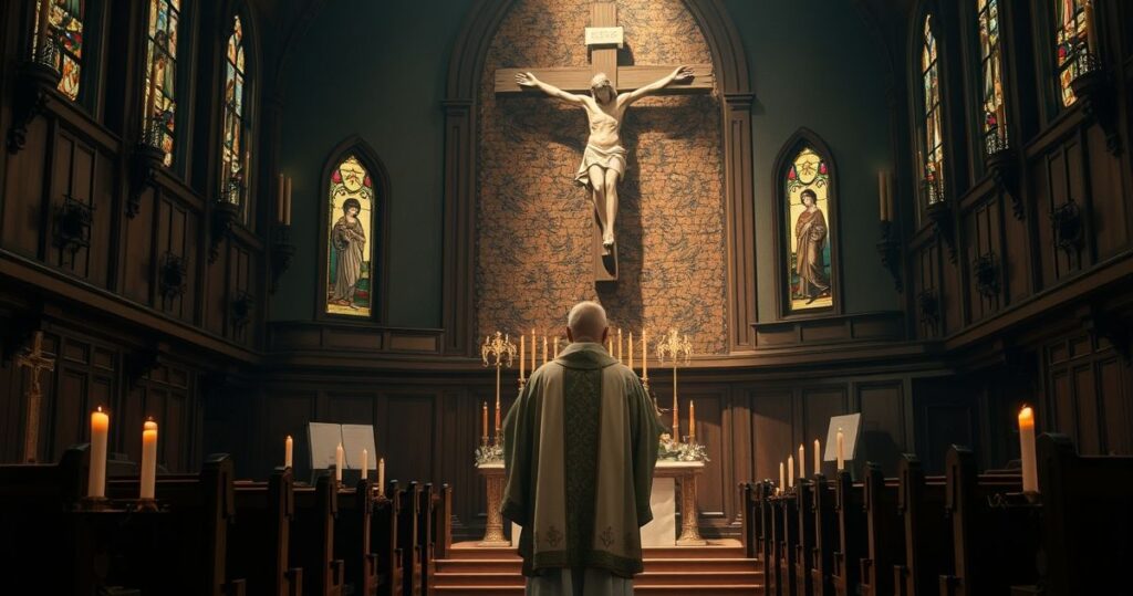 Sanktuarium katolickie z kapłanem w ornatach, ołtarzem i krucyfiksem, symbolizujące tradycyjną duchowość i powagę wiary katolickiej.