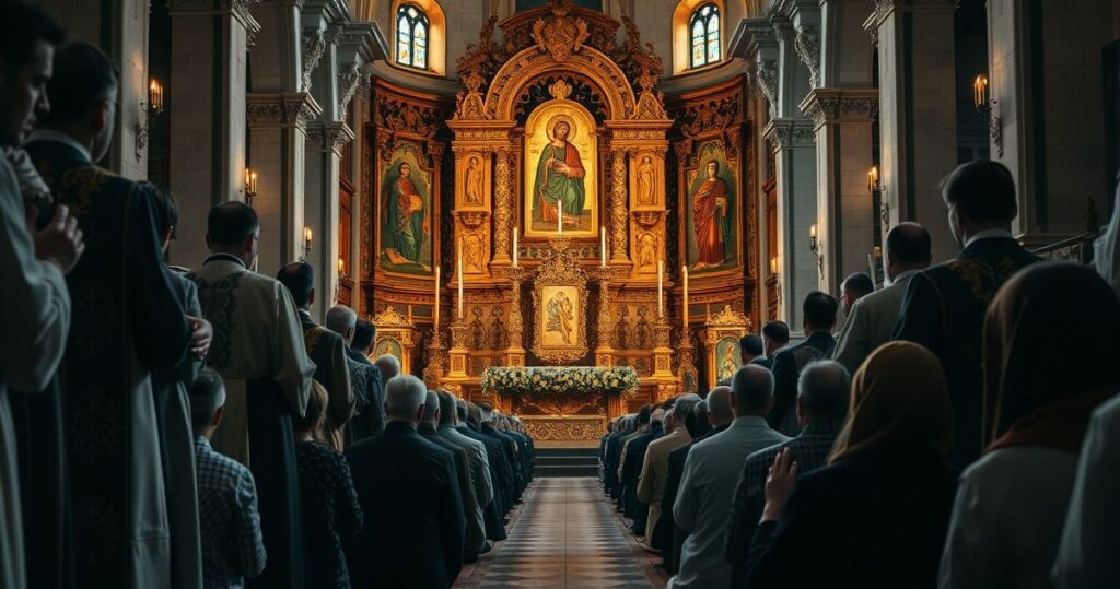Reverentna scena katolicka na Jasnej Górze z kapłanami w tradycyjnych szatach podczas modlitwy, podkreślająca wierność tradycji i sprzeciw wobec modernistycznych tendencji