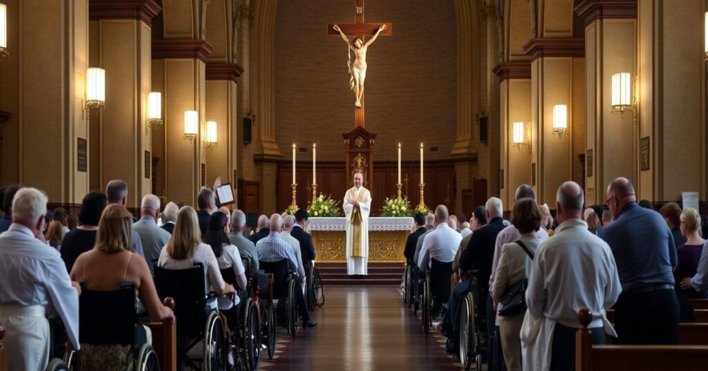 Scena tradycyjnej mszy katolickiej z osobami niepełnosprawnymi w modlitwie w historii kościoła.