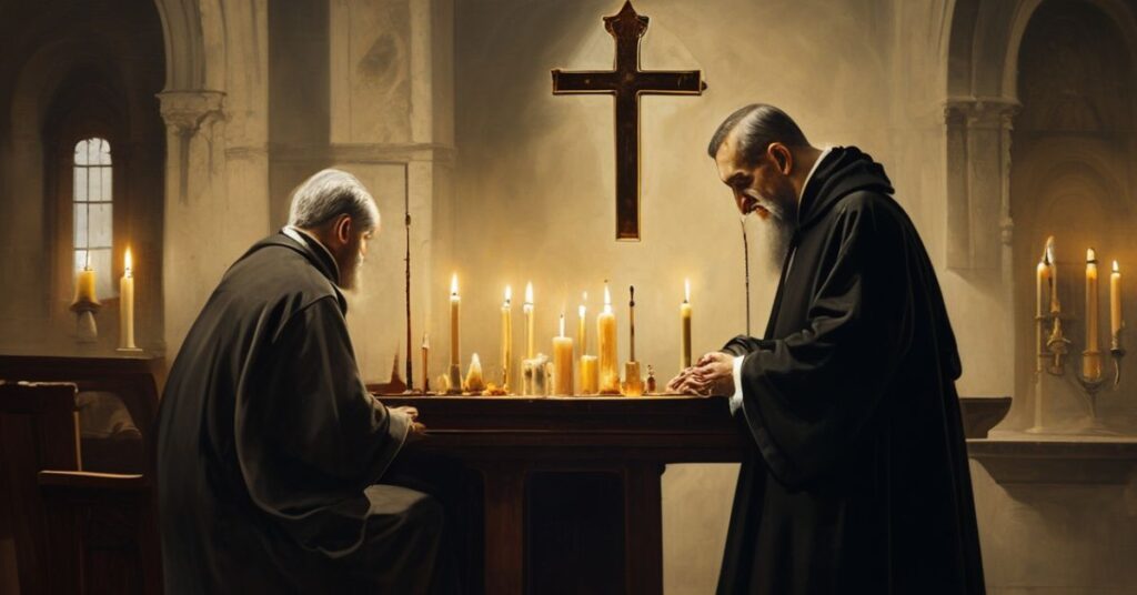 Tradycyjna scenka w spowiedzi: ksiądz w sutannie i przeorniku słuchający pokutnika na kolanach przed krucyfiksem i świecami w atmosferze powagi duchowej.