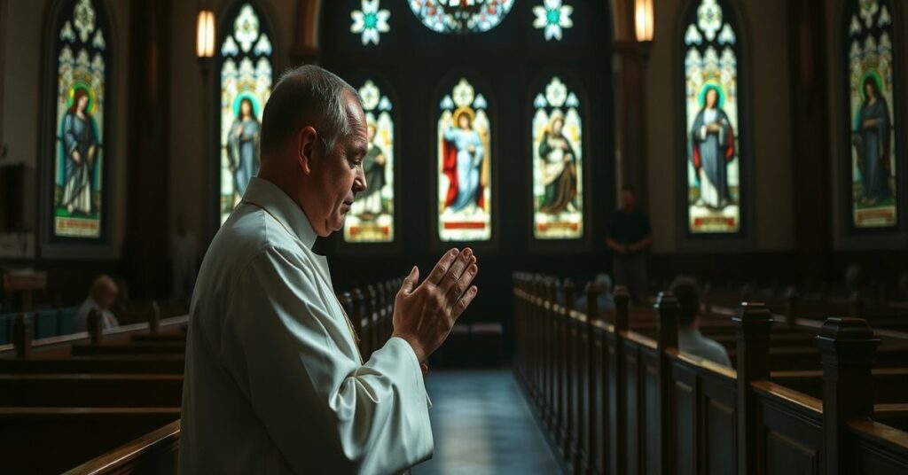 Tradycyjny kapłan w konfesjonale z wiernym na kolanach w klasztorze z witrażami.