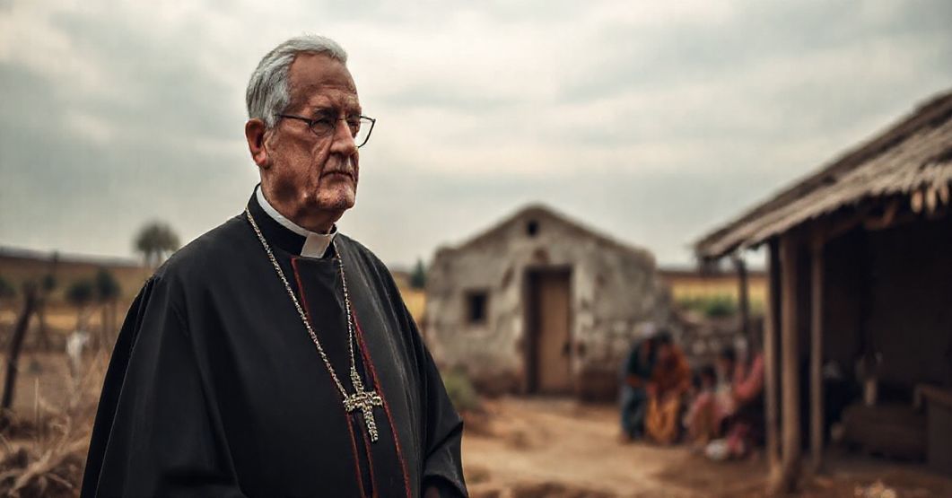Ksiądz w tradycyjnych szatach kościelnych stoi przed prostym domem wiejskim, otoczony rodziną. Scena przedstawia ludzkie cierpienia związane z sankcjami ekonomicznymi, w atmosferze powagi i skromnej godności.