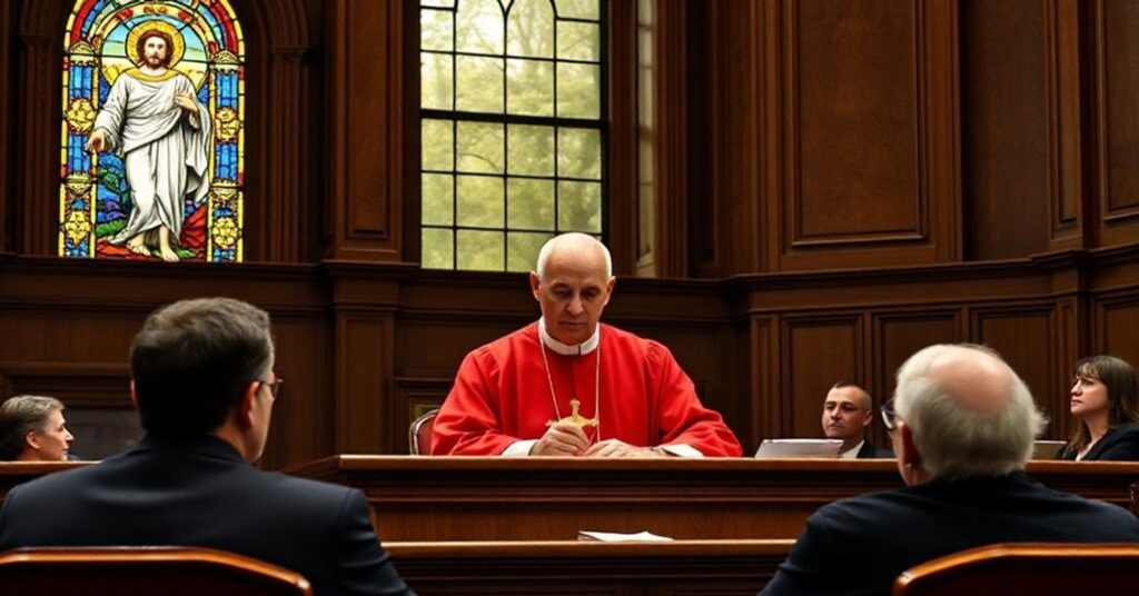 Solemne sądowe obradowanie z tradycyjnym katolickim sędzią w czarnej sutannie przewodniczącym sprawie osoby z zaburzeniami psychicznymi. Judge trzyma krzyż podczas słuchania ze skrupulatnością, symbolizując równowagę między sprawiedliwością a miłosierdziem. W tle ogromne witraże przedstawiające Chrystusa-Króla rozlewa boski blask nad postępowaniem. Scena jest poważna i nabożna, akcentująca święty obowiązek sprawiedliwości w oparciu o prawo naturalne i boską władzę.