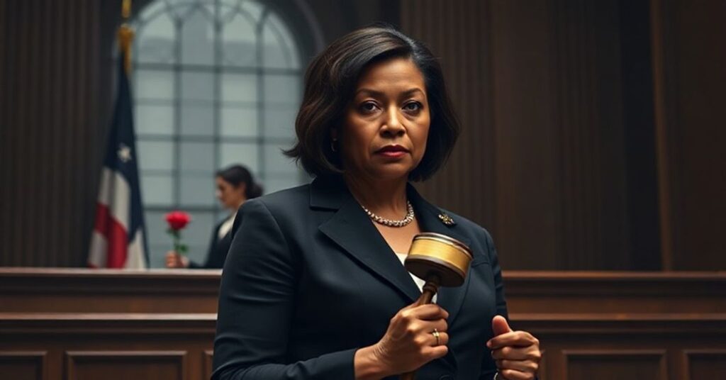 Grafika przedstawiająca Letitię James przed sądem w katolickim kontekście, symbolizując upadek zwolenników aborcji.