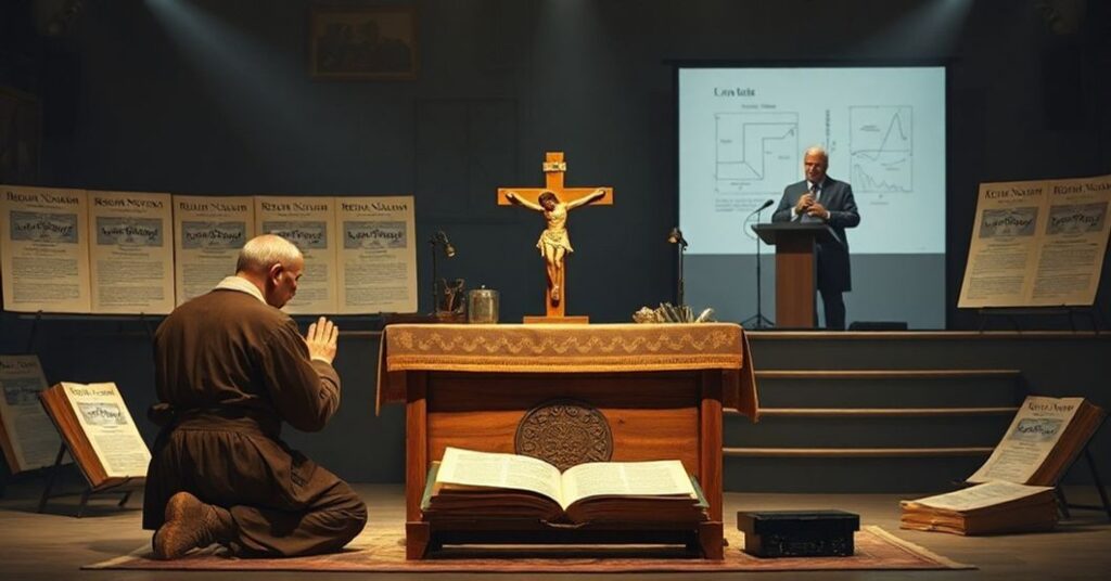 Pracownik w modlitwie przed krzyżem z dokumentami nauki społecznej Kościoła, tłem ekonomista prezentujący wykresy