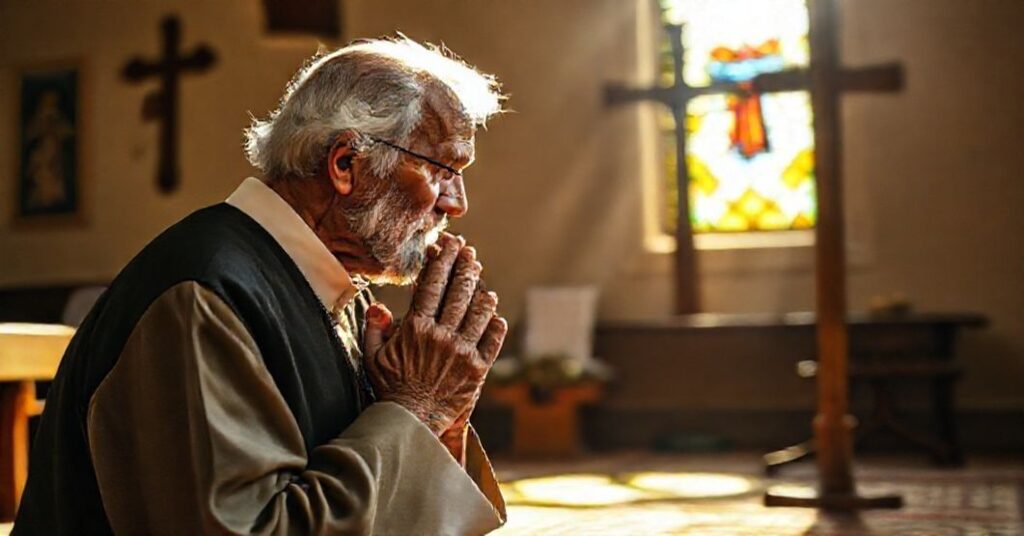 Stary katolicki mężczyzna w tradycyjnej szacie modli się w kaplicy przed krzyżem, symbolizując wiarę i godność wieku.
