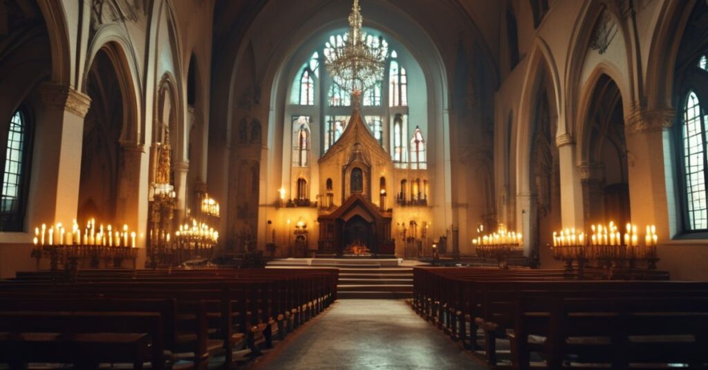 Wnętrze tradycyjnej katolickiej świątyni z ołtarzem w stylu prezbiterium z przedkoncyliarek