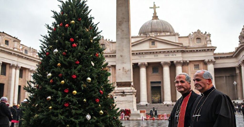 Scena katolicka przedstawiająca 27-metrową jodłę z Południowego Tyrolu na Placu Świętego Piotra w Watykanie podczas uroczystości adwentowych 2025 roku.