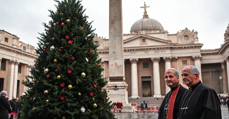 Scena katolicka przedstawiająca 27-metrową jodłę z Południowego Tyrolu na Placu Świętego Piotra w Watykanie podczas uroczystości adwentowych 2025 roku.