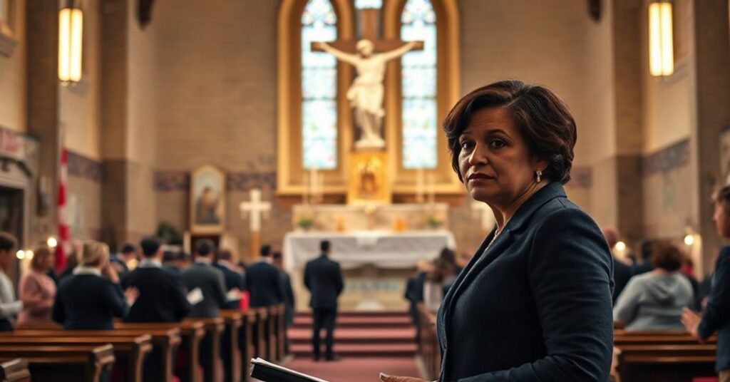 Wnętrze kościoła katolickiego w Kanadzie z posągiem Chrystusa Króla na pierwszym planie. Posłanka Leslyn Lewis przemawia w parlamencie.