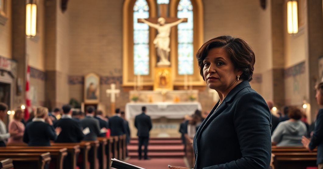 Katolicka symbolika wobec przemocy w Kanadzie Wnętrze kościoła katolickiego w Kanadzie z posągiem Chrystusa Króla na pierwszym planie. Posłanka Leslyn Lewis przemawia w parlamencie.