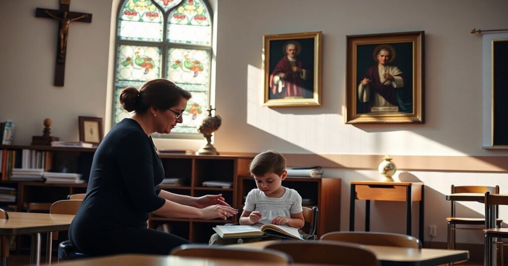 Pokój szkolny katolicki w Chicago z nauczycielem pomocą dziecku niepełnosprawnego podczas lekcji