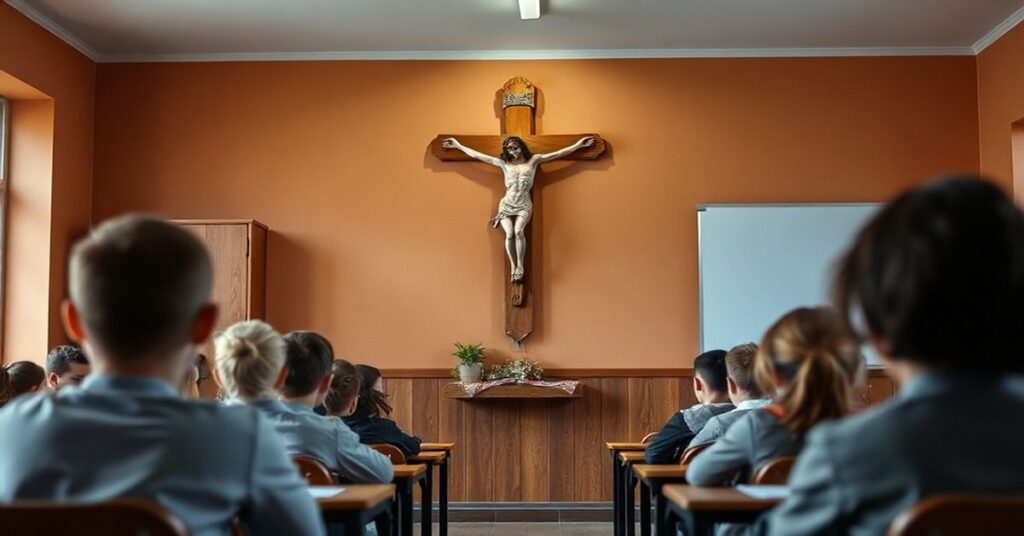 Solemne katolickie klasy szkolne w Kielnie z widocznym krzyżem na ścianie i uczniami modlącymi się