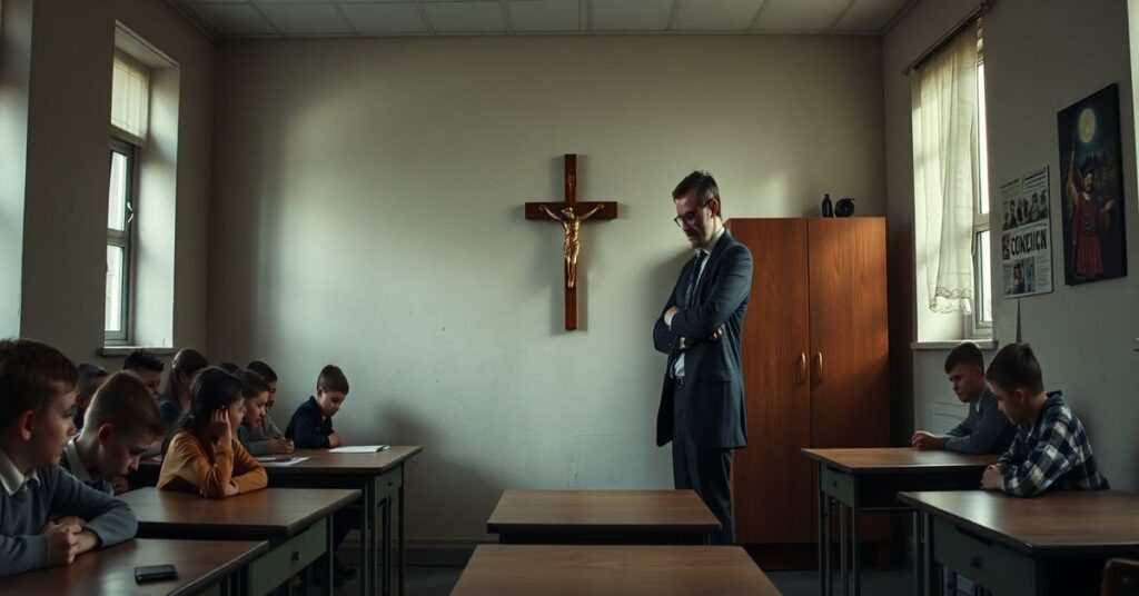 Ciemny wnętrze klasy szkolnej z puste przestrzenią na ścianie tam gdzie wisiał krzyż. Nauczycielka stoi nieufnie z niewielką plastikową dekoracją Halloweenową nad klatką dla chomika. Panuje niepokój i polityczny podtekst.