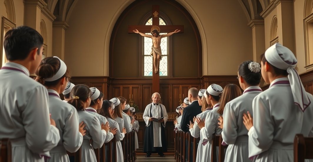 Katolicka szkoła modlitwy w obliczu krytyki sekularyzacji Rezystentna scena szkolna z uczniami i nauczycielami modlącymi się przed krucyfiksem w katolickim wnętrzu, podkreślająca powagę i wierność tradycji wiary