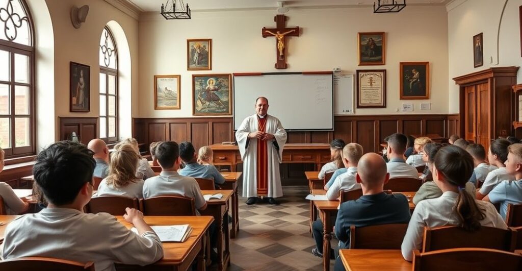 Klasyka szkolna w katolickiej szkole z nauczycielem w sutannie, uczniami i krzyżem, symbol wiary i nauki katolickiej