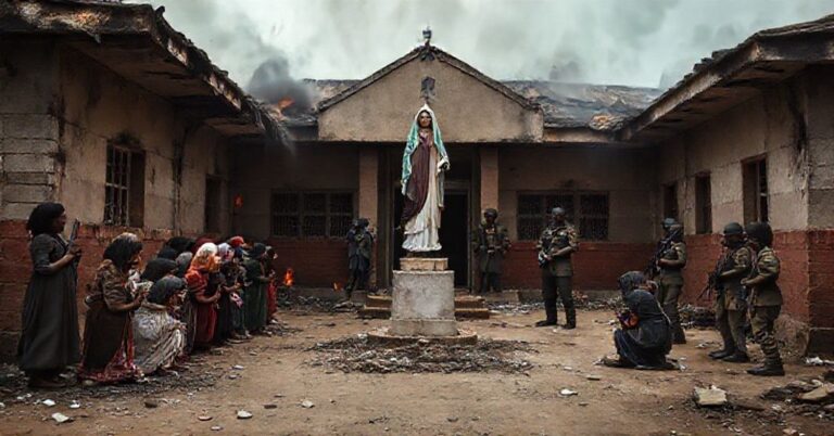 Zniszczona katolicka szkoła w Nigerii po ataku islamskich bojówki. Wierzni modlą się przed figurą Matki Boskiej.