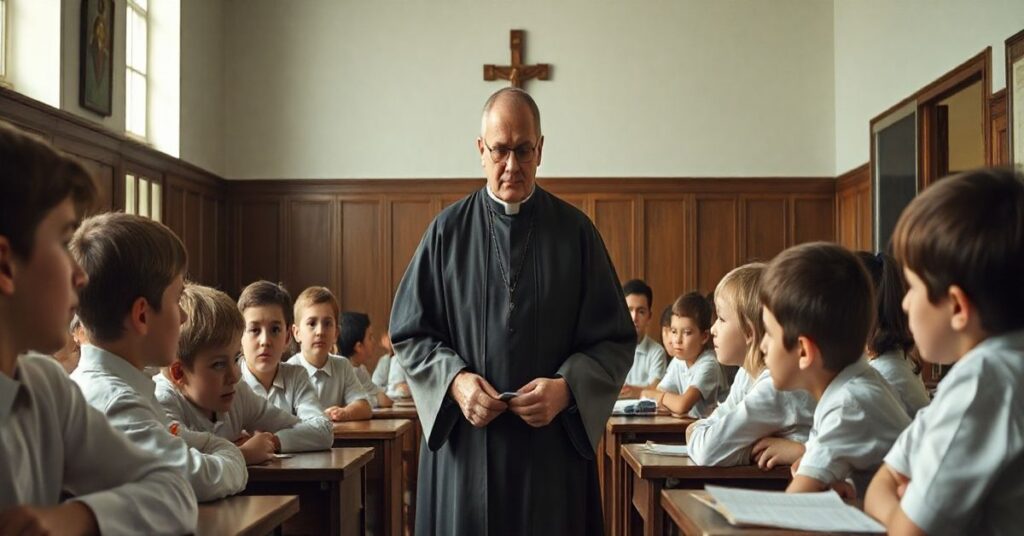 Realistyczne zdjęcie szkolnej sceny katolickiej z duchownym i dziećmi, symbolizujące autentyczną edukację katolicką i sprzeciw wobec nowoczesnych ideologii