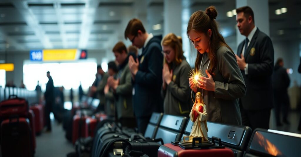 Grupa uczniów z katolickiej szkoły The Heights School w Maryland modli się w terminalu lotniczym w Abu Zabi podczas ewakuacji z powodu konfliktu na Bliskim Wschodzie.