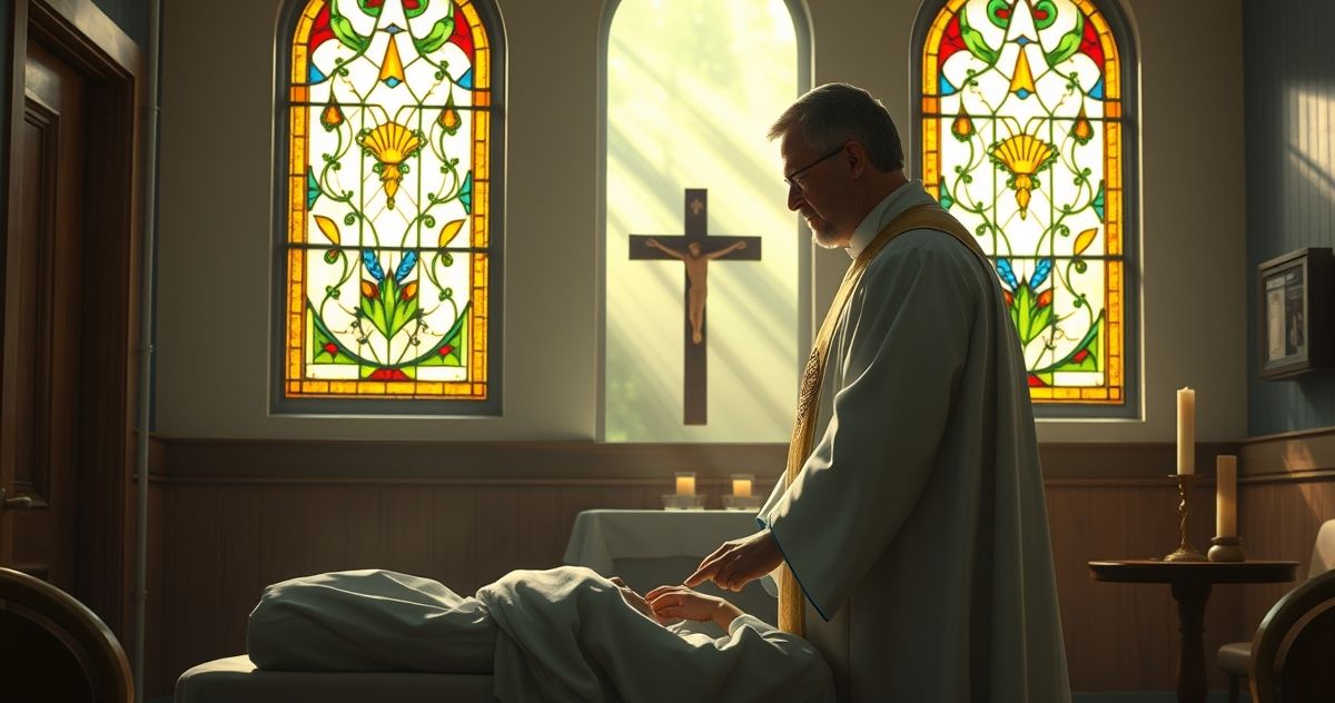 Reverentna scena katolicka w szpitalnej kaplicy z kapłanem udzielającym sakramentu namaszczenia choremu, podkreślająca świętość życia i moralne zobowiązania.