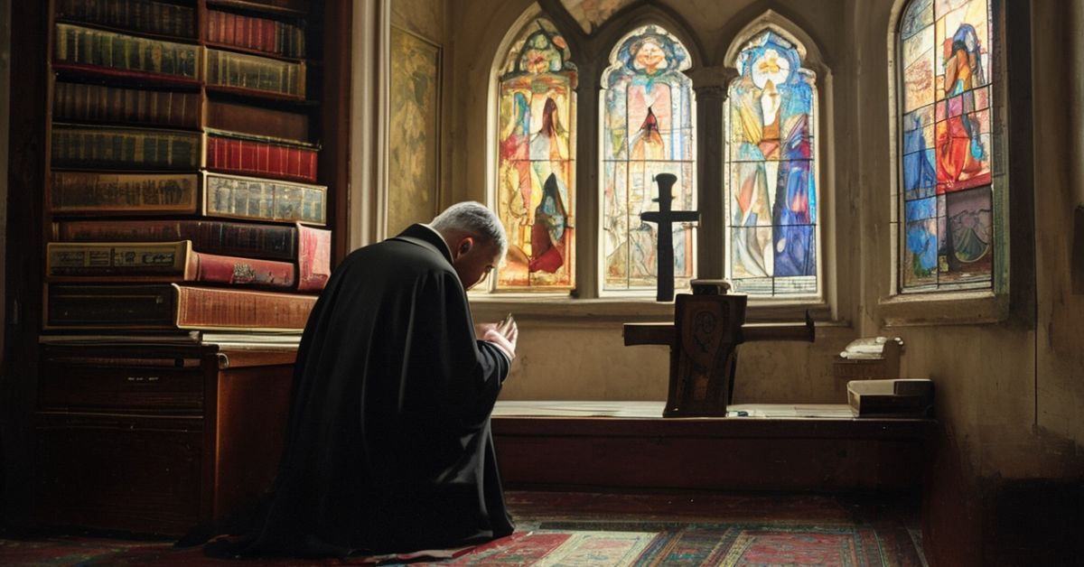 Tradycyjny katolicki wnętrze kościoła z przerażonym kapłanem modlący się przed krzyżem, kontrastującym ze współczesnymi książkami psychologicznymi.