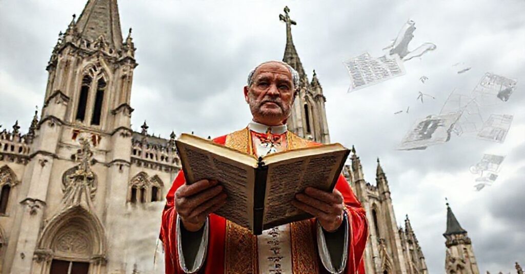 Biskup katolicki w tradycyjnych szatach przed katedralą trzymający Biblię z Księgą Rodzaju, symbolizujący konflikt między tradycyjnym stworzeniem a nowoczesnym ewolucjonizmem.