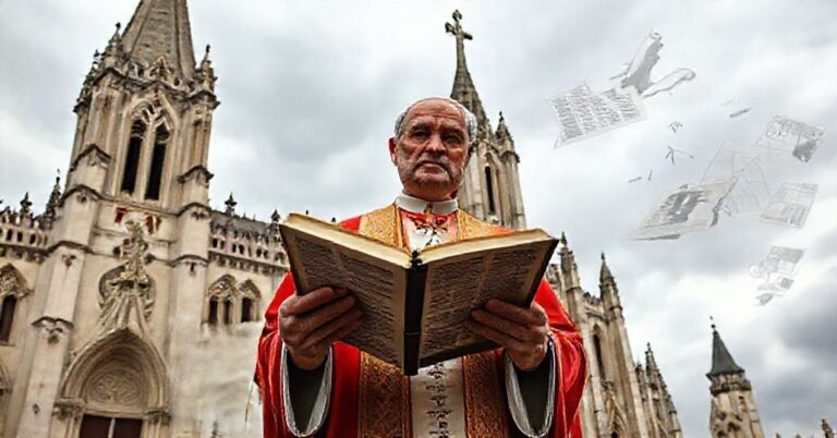 Biskup katolicki w tradycyjnych szatach przed katedralą trzymający Biblię z Księgą Rodzaju, symbolizujący konflikt między tradycyjnym stworzeniem a nowoczesnym ewolucjonizmem.