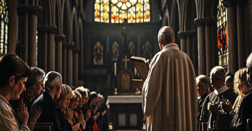 Tradycyjny kościół katolicki z kapłanem w pełnym stroju liturgicznym, wygłaszającym kazanie przed modlącą się wspólnotą wiernych. Na pulpicie widoczna książka z tytułem 'Nostra aetate'. Scena podkreśla powagę i troskę o zachowanie katolickiej doktryny.