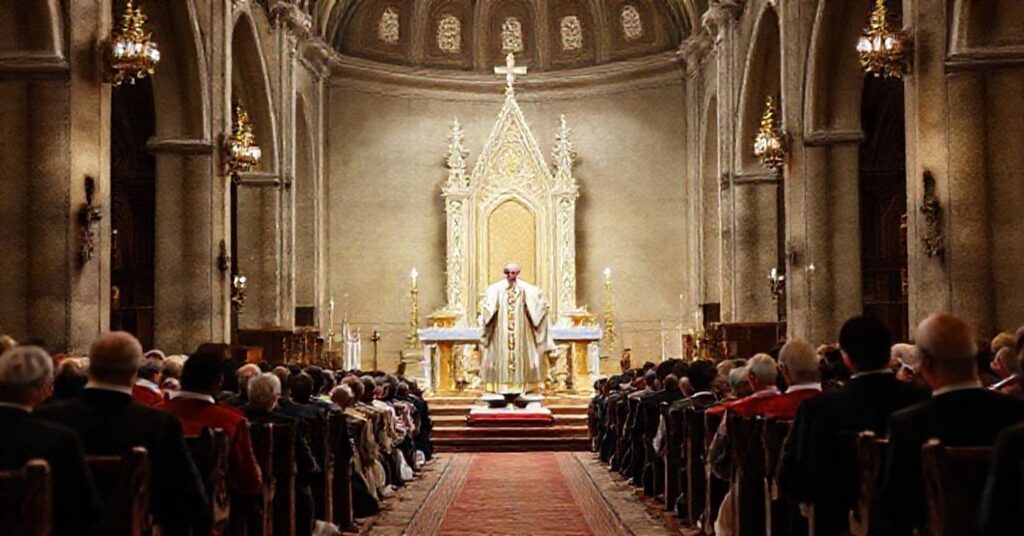 Członek Kościoła Katolickiego w tradycyjnym kościele, symbolizujący wiarę i tradycję w kontekście sedevacantyzmu.