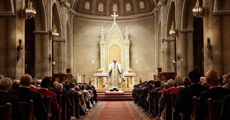 Członek Kościoła Katolickiego w tradycyjnym kościele, symbolizujący wiarę i tradycję w kontekście sedevacantyzmu.