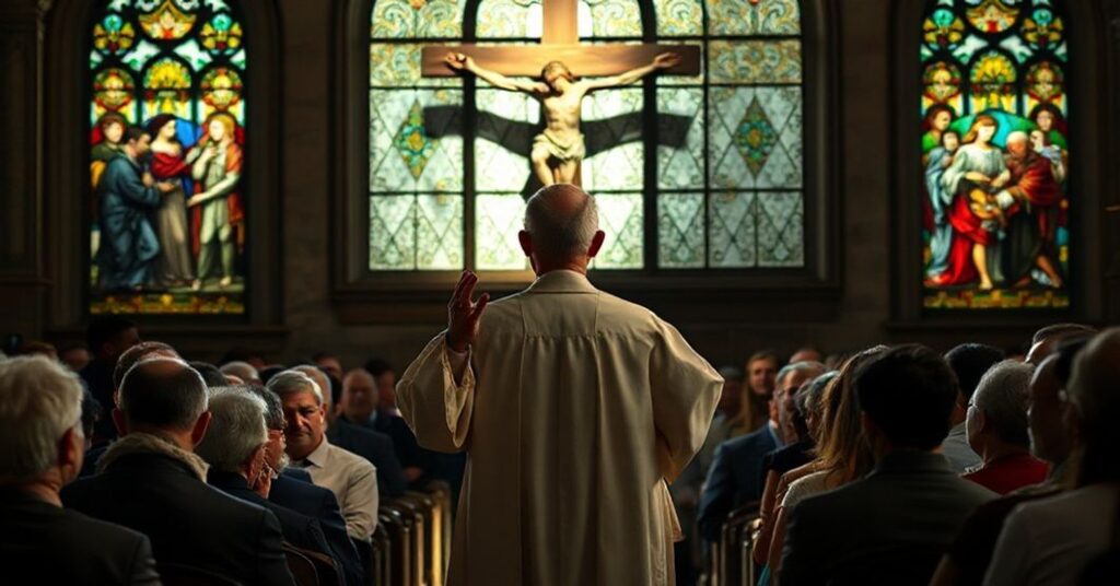 Kapłan w tradycyjnym stroju liturgicznym przemawia do zgromadzenia wiernych w koście z wielkim krzyżem na tle. Wierni są zatroskani i rozmyśleni podczas kazania o prawdziwym miłosierdziu a nowoczesnym aktywizmie społecznym.