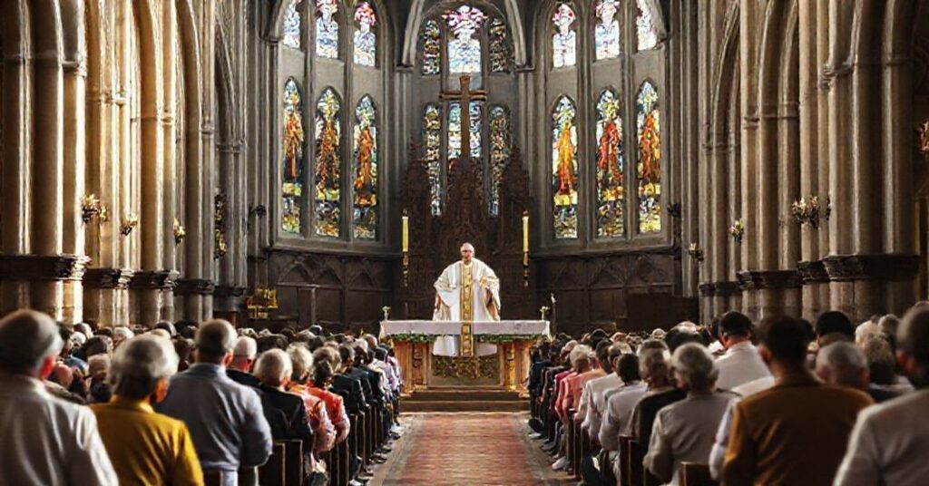 Biskup w tradycyjnych ornatach prowadzi mszę w historycznej katedrze z wiernymi modlącymi się na kolanach.