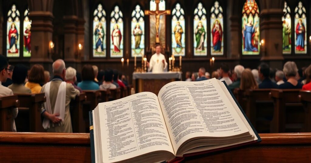 Tradycyjna msza św. w katolickim kościele z księdzem celebrującym liturgię w stroju liturgicznym, wierni klękający, otwarty Katechizm Trydencki na ławce i gotyckie witraże