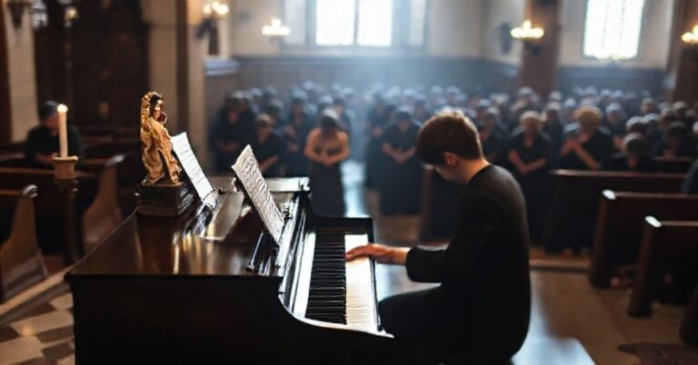 Pianista gra muzykę Chopina w tradycyjnym katolickim otoczeniu z modlącymi się wiernymi