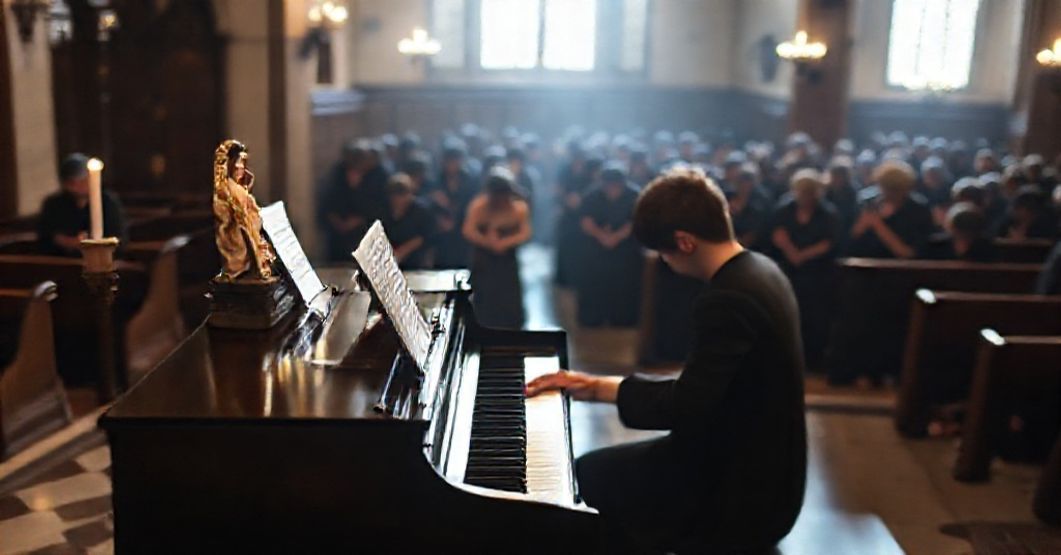 Pianista gra muzykę Chopina w tradycyjnym katolickim otoczeniu z modlącymi się wiernymi