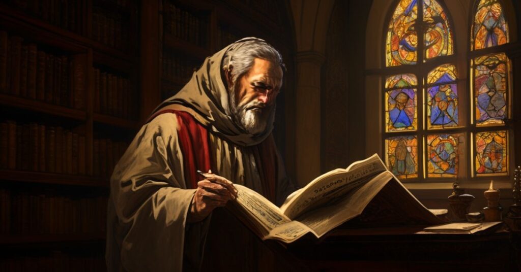 Prawdziwy katolik siedzi w tradycyjnej bibliotece kościelnej i czyta książę "Pięć kamieni Dawida" ks. Nikosa Skurasa, otoczony starodawnymi manuskryptami i witrażem przedstawiającym Dawida i Goliat.