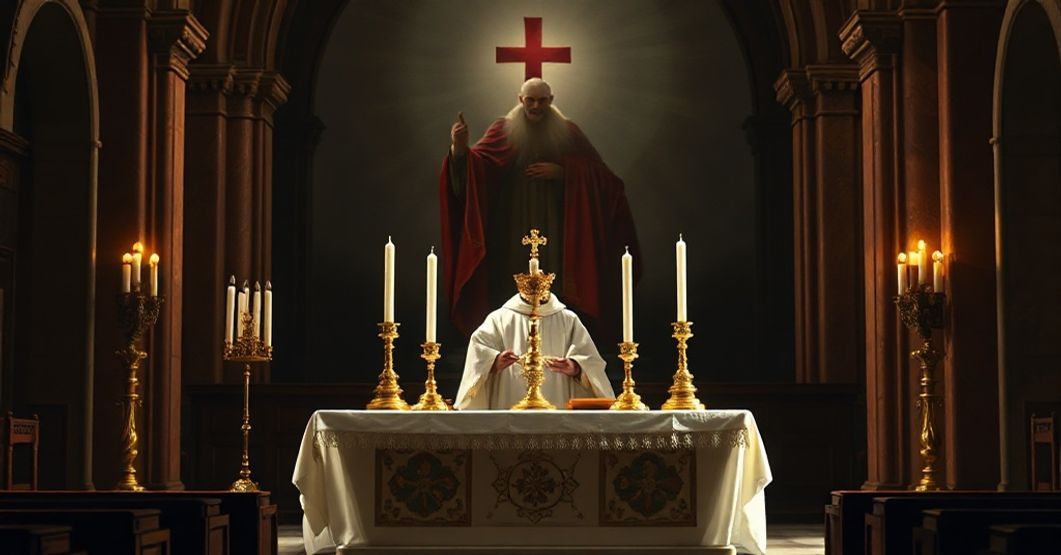 Tradycyjny katolicki ołtarz z mszą trydencką, ukazujący walkę wiary z nowoczesnym modernizmem. Tło podkreśla problem fałszywego papieża w kontekście polityki i tradycji.