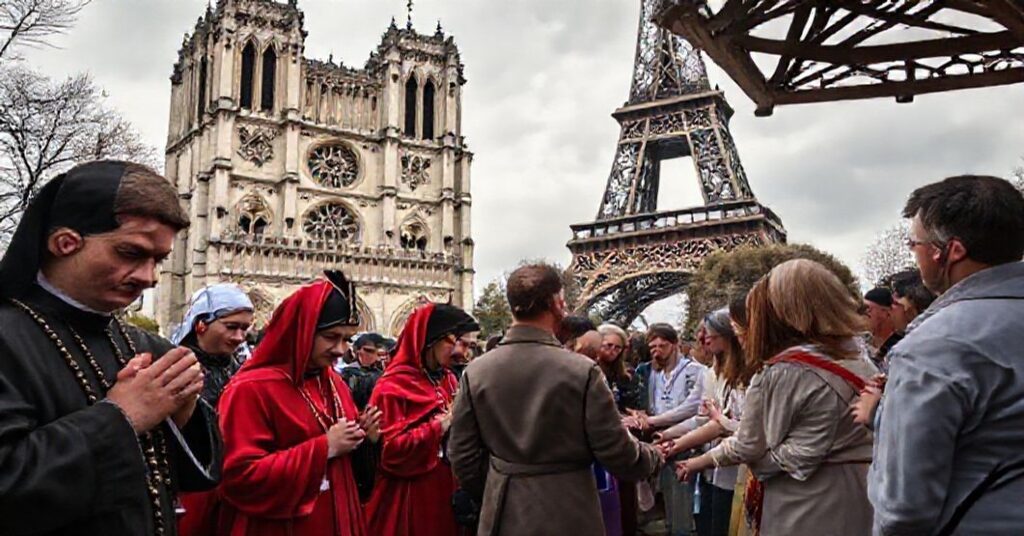 Tradycyjne katolickie nabożeństwo w Paryżu kontrastujące z ekumenicznym zgromadzeniem Taizé