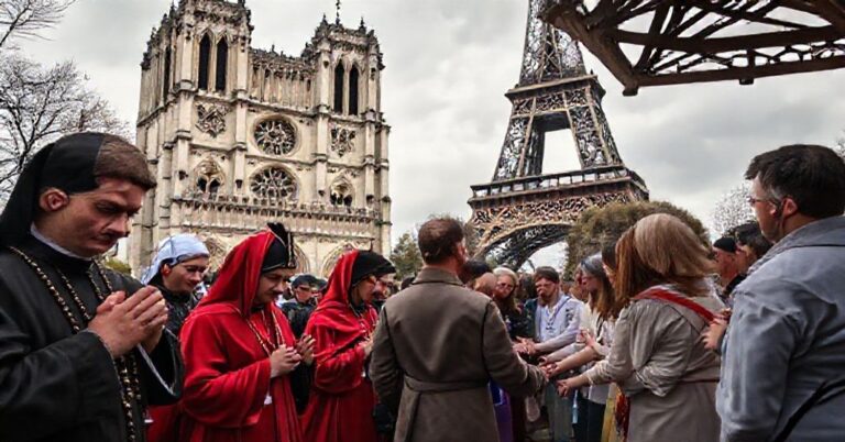 Tradycyjne katolickie nabożeństwo w Paryżu kontrastujące z ekumenicznym zgromadzeniem Taizé