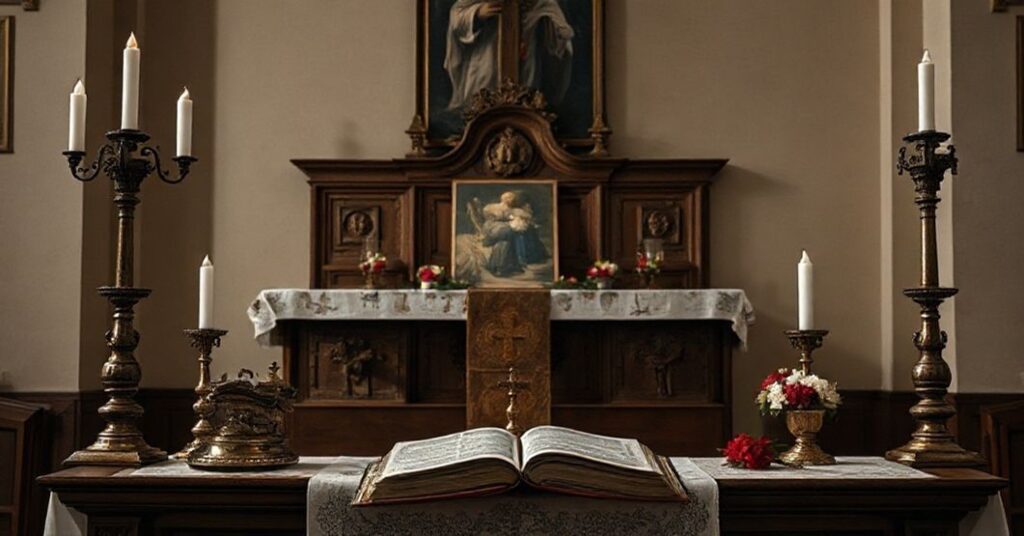 Ołtarz katolicki kontrastujący z nowoczesnym obrazem Miłosierdzia Bożego, symbolizujący konflikt między tradycyjną pobożnością a modernistycznymi aberracjami.