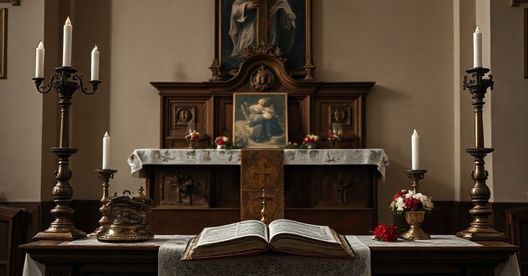 Ołtarz katolicki kontrastujący z nowoczesnym obrazem Miłosierdzia Bożego, symbolizujący konflikt między tradycyjną pobożnością a modernistycznymi aberracjami.