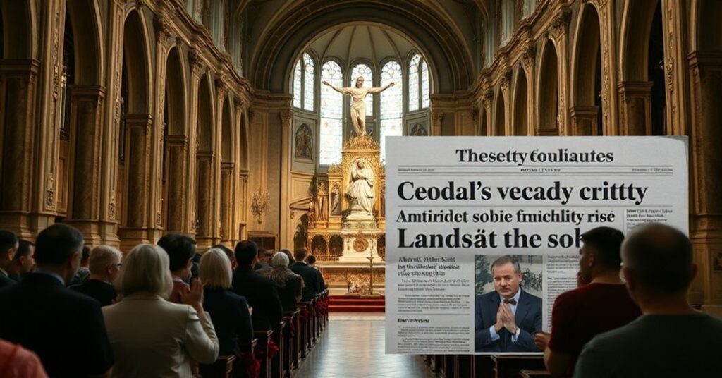 Wnętrze katolickiego kościoła w Pradze z modlącą się społecznością przed posągiem Chrystusa Króla, z widocznym tłem gazetowym nagłówkiem o wyborach w Czechach i politycznym chaosie