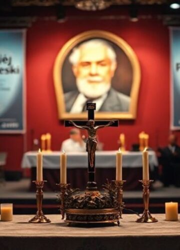 Kontrast pomiędzy tradycją a modernizmem w katolickiej wierze Tradycyjny ołtarz katolicki z krucyfiksem i świecami modlitewnymi obok sceny z koncertu na cześć "świętego" Jana Pawła II podczas Dnia Papieskiego